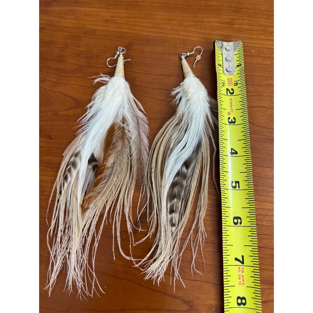 Boho Natural Feather Drop Earrings Tan White Striped Long Statement Festival - Picture 3 of 3